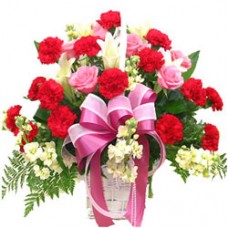 Romantic Pink Roses and Red Carnations in a Basket